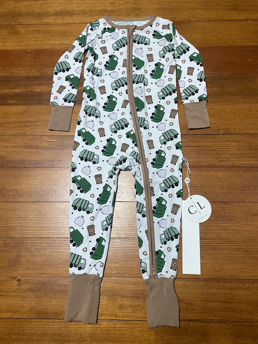 NWT Caden Lane White Footie Bamboo Pajamas with Green Garbage Truck Print